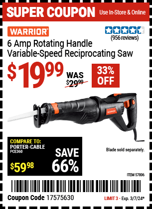 Harbor Freight Coupons, HF Coupons, 20% off - WARRIOR 6 Amp Rotating Handle Variable Speed Reciprocating Saw 