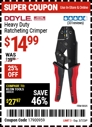 Harbor Freight Coupons, HF Coupons, 20% off - DOYLE Heavy Duty Ratcheting Crimper for $14.99