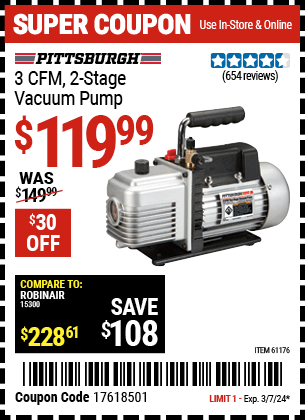 Harbor Freight Coupons, HF Coupons, 20% off - 3 Cfm Two Stage Vacuum Pump
