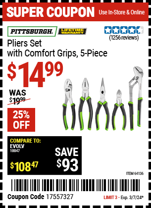 Harbor Freight Coupons, HF Coupons, 20% off - 5 Piece Pliers Set With Comfort Grips