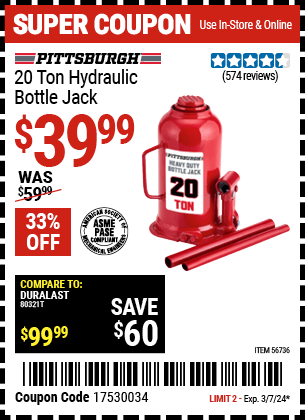 Harbor Freight Coupons, HF Coupons, 20% off - 20 Ton Hydraulic Bottle Jack