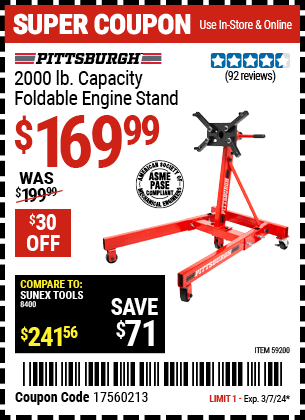 Harbor Freight Coupons, HF Coupons, 20% off - PITTSBURGH 2000 lb. Capacity Foldable Engine Stand for $169.99
