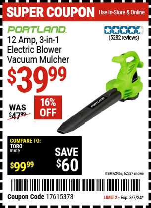 Harbor Freight Coupons, HF Coupons, 20% off - 3 In 1 Electric Blower Vacuum Mulcher