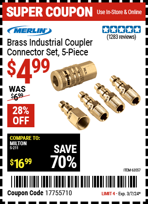 Harbor Freight Coupons, HF Coupons, 20% off - 5 Piece Brass Industrial Coupler Connector Kit