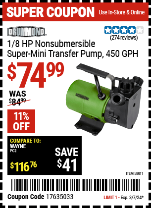 Harbor Freight Coupons, HF Coupons, 20% off - 1/8  HP Non-Submersible Super Mini Transfer Pump 450 GPH
