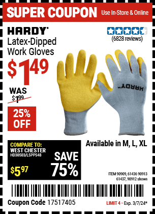 Harbor Freight Coupons, HF Coupons, 20% off - Hardy Latex Coated Work Gloves