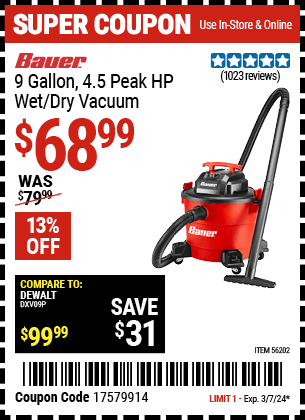 Harbor Freight Coupons, HF Coupons, 20% off - 9 Gallon Wet/dry Vacuum