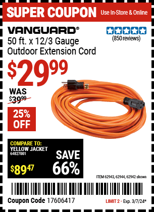 Harbor Freight Coupons, HF Coupons, 20% off - 12 Gauge X 50 Ft. Outdoor Extension Cord