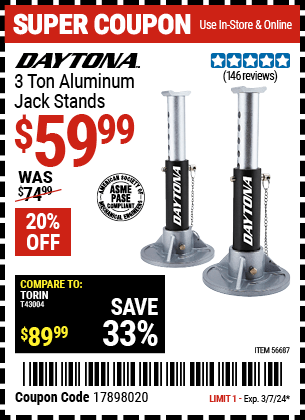 Harbor Freight Coupons, HF Coupons, 20% off - Buy Any 3T or 4T Steel DAYTONA Jack, Get One Pair of 3T DAYTONA Steel Jack Stands FREE!