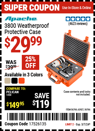 Harbor Freight Coupons, HF Coupons, 20% off - APACHE 3800 Weatherproof Protective Case for $28.99