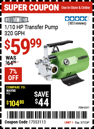 Harbor Freight Coupons, HF Coupons, 20% off - 1/10 Hp Transfer Pump