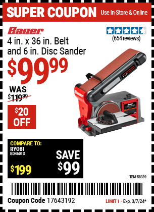 Harbor Freight Coupons, HF Coupons, 20% off - 4 in. x 36 in. Belt and 6 in. Disc Sander