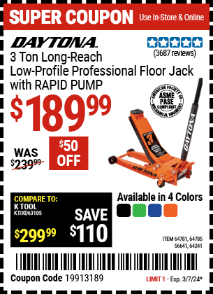 Harbor Freight Coupons, HF Coupons, 20% off - DAYTONA 3 Ton Long Reach Low Profile Professional Rapid Pump Floor Jack for $169.99