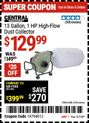 Harbor Freight Coupons, HF Coupons, 20% off - 13 Gallon Industrial Portable Dust Collector