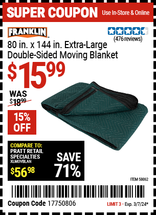 Harbor Freight Coupons, HF Coupons, 20% off - 80 in. x 144 in. Extra Large Double-Sided Moving Blanket