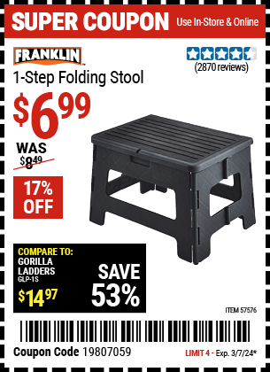 Harbor Freight Coupons, HF Coupons, 20% off - One-Step Folding Stool - Black
