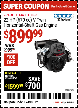 Harbor Freight Coupons, HF Coupons, 20% off - 22 Hp V-twin Gas Engines - 670 Cc Horizontal Shaft Or 708 Cc Vertical Shaft