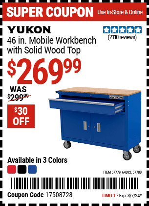 Harbor Freight Coupons, HF Coupons, 20% off - 46 In. Mobile Workbench With Solid Wood Top, Black