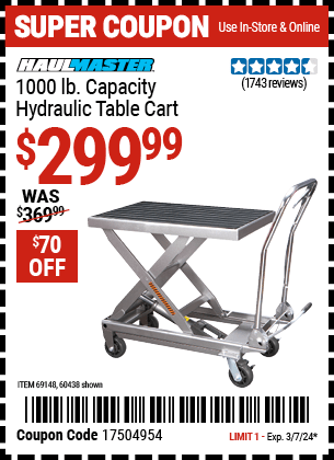Harbor Freight Coupons, HF Coupons, 20% off - 1000 Lb. Capacity Hydraulic Table Cart