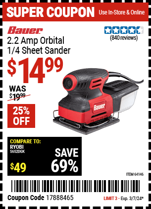 Harbor Freight Coupons, HF Coupons, 20% off - 2.2 Amp 1/4 Sheet Heavy Duty Palm Finishing Sander