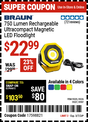 Harbor Freight Coupons, HF Coupons, 20% off - BRAUN 750 Lumen Rechargeable Ultracompact Magnetic LED Floodlight for $23.99