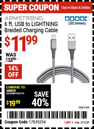 Harbor Freight Coupons, HF Coupons, 20% off - 6 ft. USB to LIGHTNING Braided Charging Cable