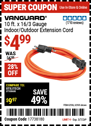 Harbor Freight Coupons, HF Coupons, 20% off - 10ft.x16 Gauge Indoor/outdoor Extension Cord