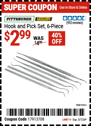 Harbor Freight Coupons, HF Coupons, 20% off - 6 Piece Hook And Pick Set