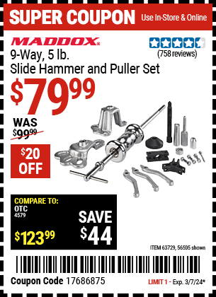 Harbor Freight Coupons, HF Coupons, 20% off - 16 Piece Heavy Duty Slide Hammer And Puller Set
