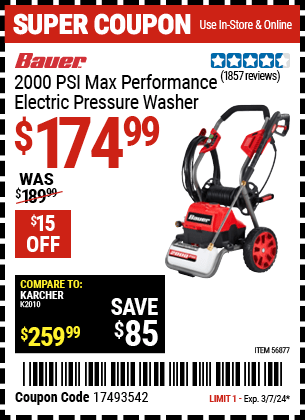 Harbor Freight Coupons, HF Coupons, 20% off - BAUER 2000 PSI Max Performance Electric Pressure Washer for $159.99