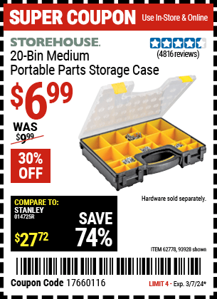 Harbor Freight Coupons, HF Coupons, 20% off - 20 Bin Portable Parts Storage Case