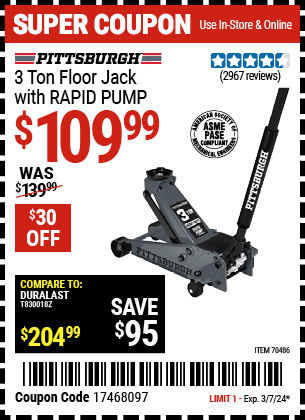 Harbor Freight Coupons, HF Coupons, 20% off - PITTSBURGH 3 Ton Floor Jack with RAPID PUMP for $119.99