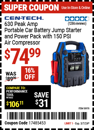 Harbor Freight Coupons, HF Coupons, 20% off - 630 Peak Amp Portable Jump Starter and Power Pack with 250 PSI Air Compressor