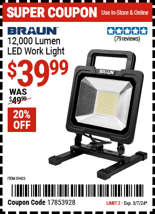 Harbor Freight Coupons, HF Coupons, 20% off - BRAUN 12 -000 Lumen LED Work Light for $42.99