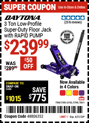Harbor Freight Coupons, HF Coupons, 20% off - 3 Ton Daytona Professional Steel Floor Jack - Super Duty