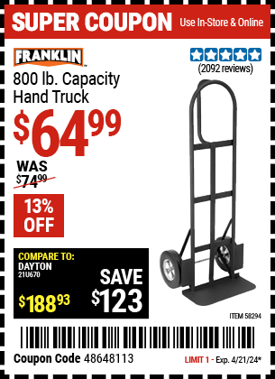 Harbor Freight Coupons, HF Coupons, 20% off - FRANKLIN 800 lb. Capacity Hand Truck 
