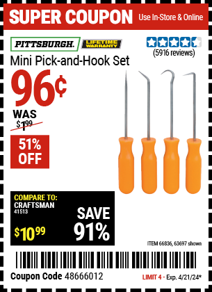 Harbor Freight Coupons, HF Coupons, 20% off - 4 Pc. Pick And Hook Set