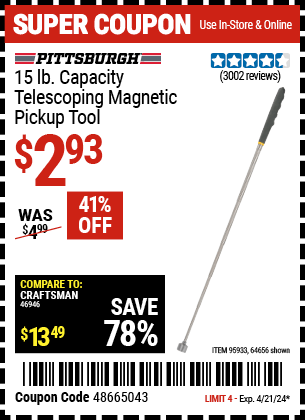 Harbor Freight Coupons, HF Coupons, 20% off - 15 Lb. Capacity Telescoping Magnetic Pickup Tool