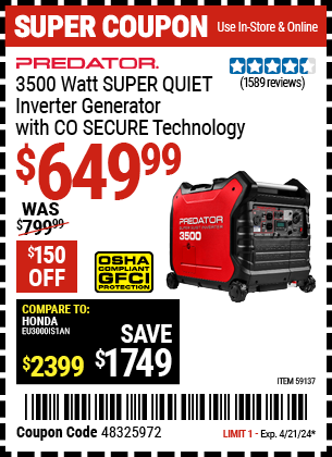 Harbor Freight Coupons, HF Coupons, 20% off - PREDATOR 3500 Watt Super Quiet Inverter Generator with CO SECURE? Technology 
