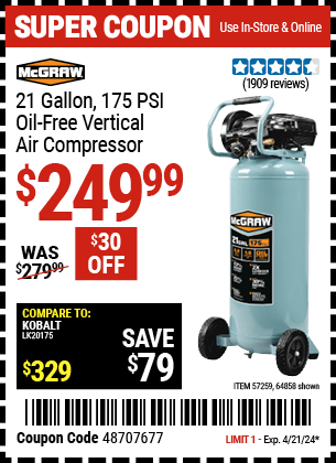 Harbor Freight Coupons, HF Coupons, 20% off - Mcgraw 175 Psi, 21 Gallon Vertical Oil-free Air Compressor