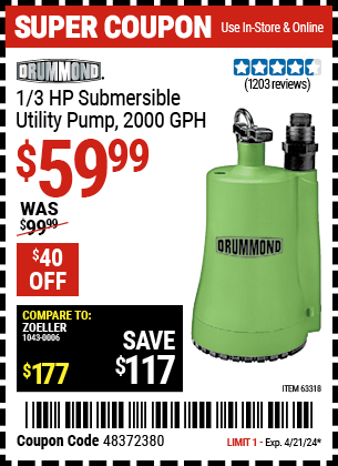 Harbor Freight Coupons, HF Coupons, 20% off - 1/3 Hp Submersible Utility Pump