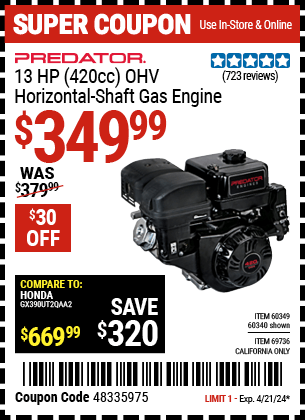 Harbor Freight Coupons, HF Coupons, 20% off - 13 Hp (420 Cc) Ohv Horizontal Shaft Gas Engines