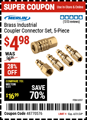 Harbor Freight Coupons, HF Coupons, 20% off - 5 Piece Brass Industrial Coupler Connector Kit