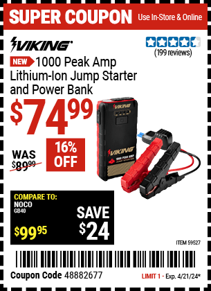 Harbor Freight Coupons, HF Coupons, 20% off - VIKING 1000 Peak Amp Midsize Lithium-Ion Jump Starter and Power Bank for $79.99