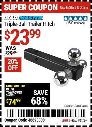 Harbor Freight Coupons, HF Coupons, 20% off - Haul Master Triple Ball Hitch