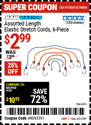 Harbor Freight Coupons, HF Coupons, 20% off - 6 Piece Elastic Stretch Cords