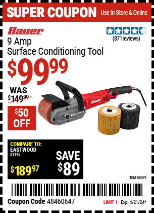 Harbor Freight Coupons, HF Coupons, 20% off - BAUER 9 Amp Surface Conditioning Tool for $99.99