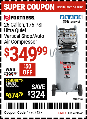Harbor Freight Coupons, HF Coupons, 20% off - 26 Gallon  175 PSI Ultra Quiet Vertical Shop/Auto Air Compressor