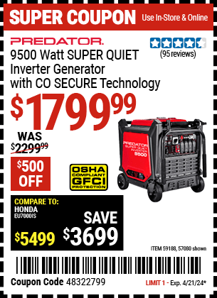 Harbor Freight Coupons, HF Coupons, 20% off - PREDATOR 9500 Watt SUPER QUIET Inverter Generator with CO SECURE Technology 