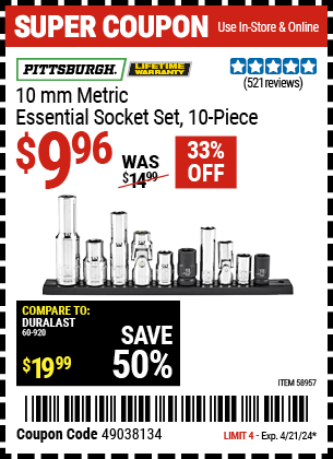 Harbor Freight Coupons, HF Coupons, 20% off - PITTSBURGH 10mm Metric Essential Socket Set for $9.99